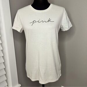 PINK Victoria’s Secret cream and silver short sleeve logo tshirt size small